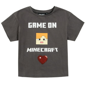 Tričko s krátkým rukávem a flitrovou aplikací Minecraft- šedé