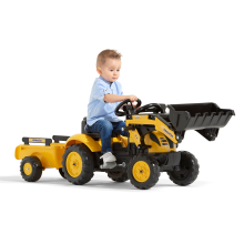                             Traktor šlapací  Komatsu žlutý s přední lžící a valníkem                        