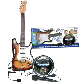 Elektrická rocková kytara se zesilovačem, mikrofonem a headsetem
