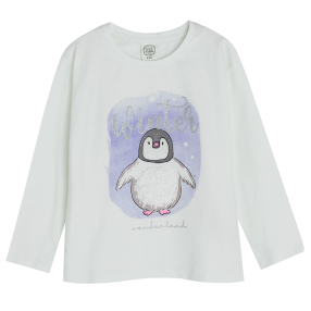 Tričko s dlouhým rukávem a aplikací tučňáka- bílé