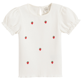 Tričko s nabíranými krátkými rukávy s jahodami -bílé