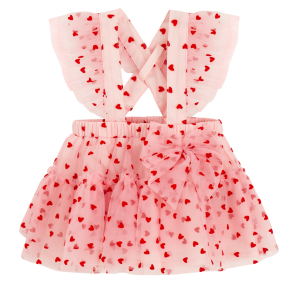 Laclová sukně s volánky se srdíčkovým vzorem -růžová