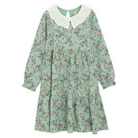 Květinové šaty s dlouhým rukávem a krajkovým límečkem -zelené
