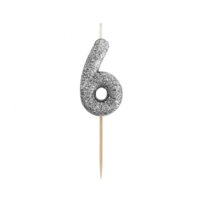 Svíčka číslo 6 stříbrná 11,5 cm