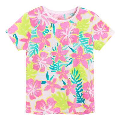 Barevné tričko s krátkým rukávem s květinami -růžové - 98 PINK