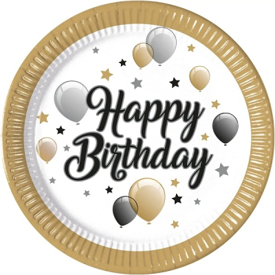 Talířky papírové Happy Birthday zlaté okraje 23 cm 8 ks