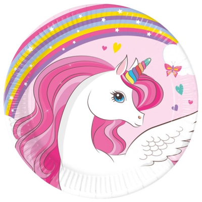 Talířky papírové Jednorožec Rainbow Colors 20 cm 8 ks
