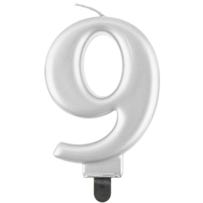Svička Číslice 9 stříbrná metalická 8 cm
