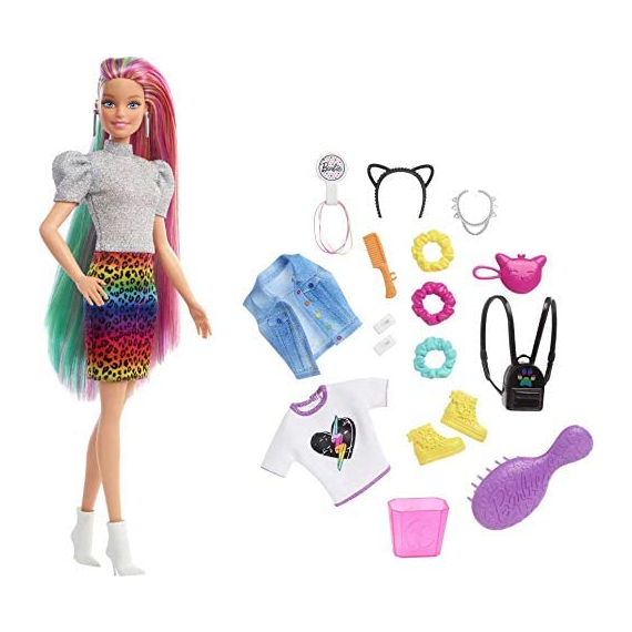 Barbie leopardí panenka s duhovými vlasy a doplňky                    
