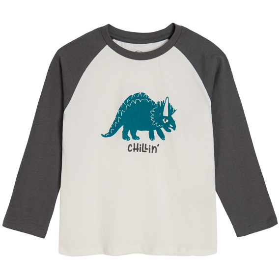 E-shop Tričko s dlouhým rukávem a potiskem dinosaura- bílé - 122 CREAMY