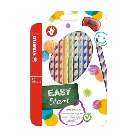 Ergonomické pastelky pro praváky - STABILO EASYcolors - 12 ks sada s ořezávátkem - 12 různých barev                    