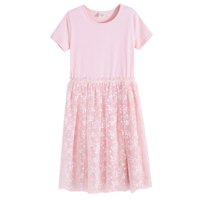 Šaty s krátkým rukávem s tylovou sukní -růžové