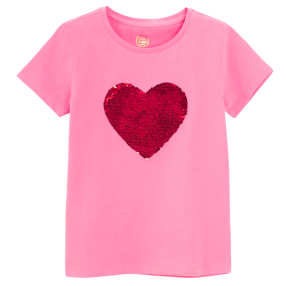 Tričko s krátkým rukávem s flitry Srdce -růžové